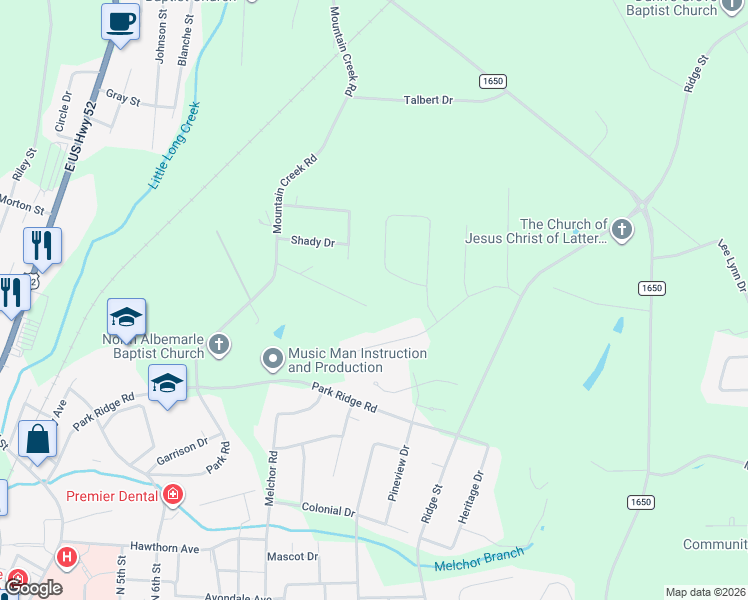 map of restaurants, bars, coffee shops, grocery stores, and more near 743 Mockingbird Road in Albemarle