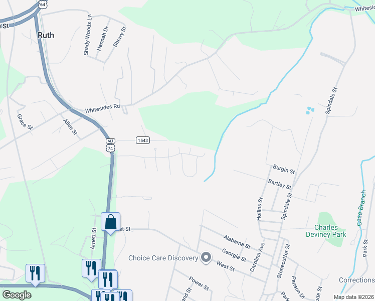 map of restaurants, bars, coffee shops, grocery stores, and more near 113 Manchester Court in Spindale