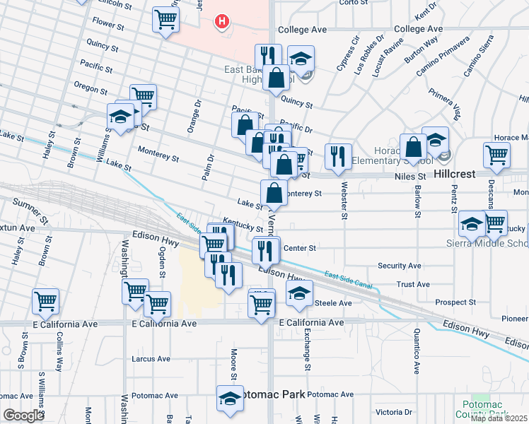 map of restaurants, bars, coffee shops, grocery stores, and more near 2124 Lake Street in Bakersfield