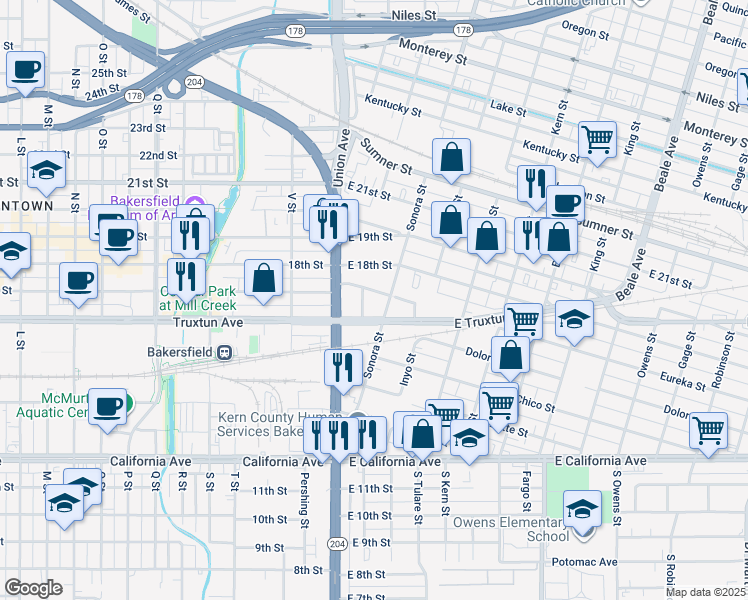 map of restaurants, bars, coffee shops, grocery stores, and more near 218 Eureka Street in Bakersfield