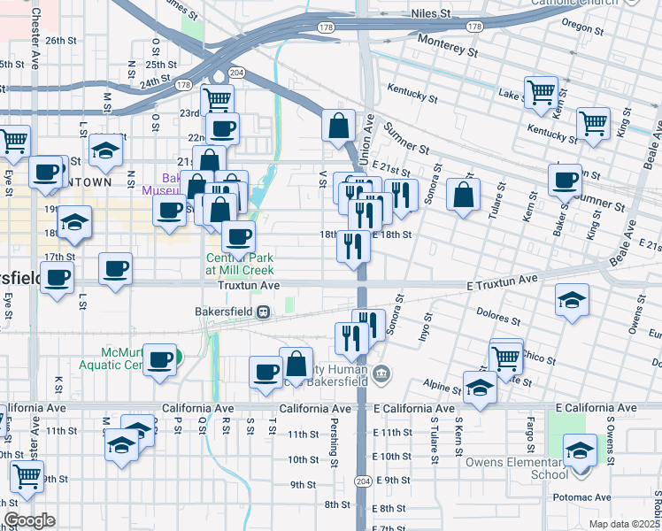map of restaurants, bars, coffee shops, grocery stores, and more near 216 17th Street in Bakersfield