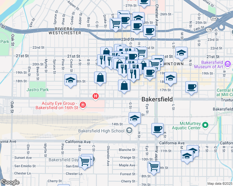 map of restaurants, bars, coffee shops, grocery stores, and more near 2020 17th Street in Bakersfield