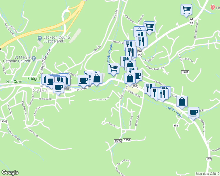 map of restaurants, bars, coffee shops, grocery stores, and more near 141 West Main Street in Sylva