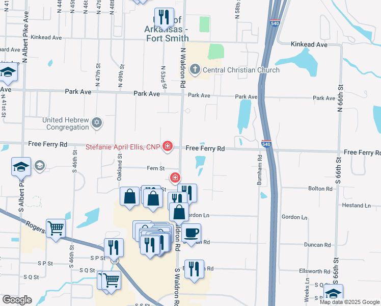 map of restaurants, bars, coffee shops, grocery stores, and more near 5401-5701 Free Ferry Rd in Fort Smith