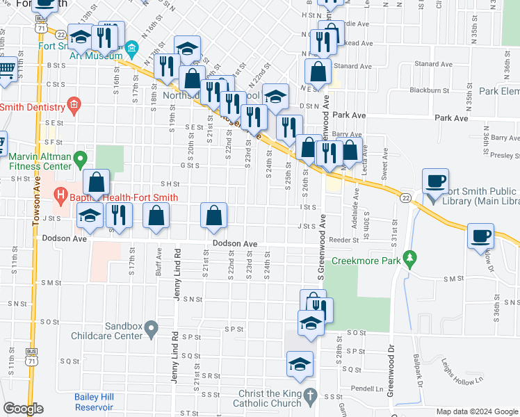 map of restaurants, bars, coffee shops, grocery stores, and more near 919 South 24th Street in Fort Smith