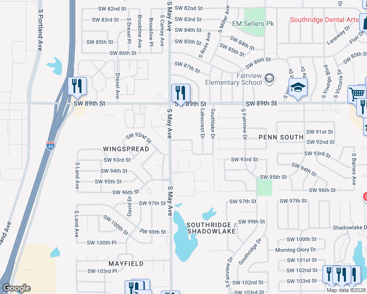 map of restaurants, bars, coffee shops, grocery stores, and more near 2812 Southwest 91st Street in Oklahoma City