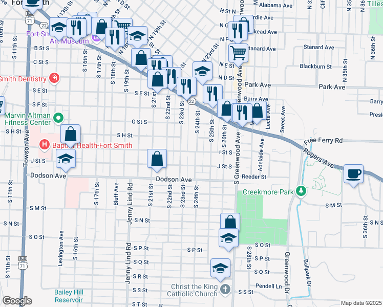 map of restaurants, bars, coffee shops, grocery stores, and more near 919 South 24th Street in Fort Smith