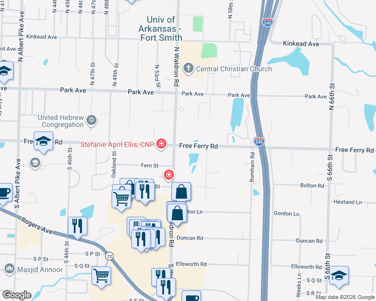 map of restaurants, bars, coffee shops, grocery stores, and more near 5401-5701 Free Ferry Rd in Fort Smith