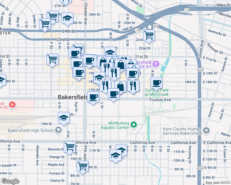 map of restaurants, bars, coffee shops, grocery stores, and more near 1111 17th Street in Bakersfield