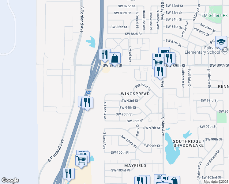 map of restaurants, bars, coffee shops, grocery stores, and more near 3233 Southwest 92nd Street in Oklahoma City