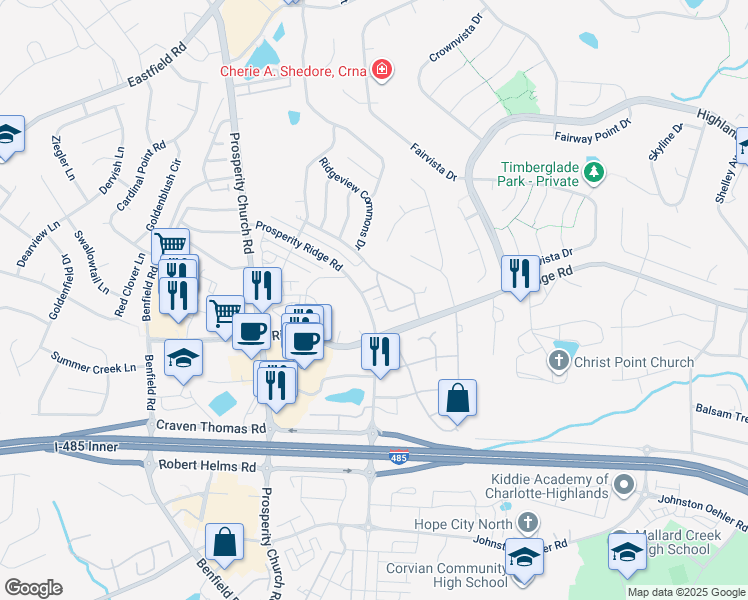 map of restaurants, bars, coffee shops, grocery stores, and more near 4822 Boomerang Way in Charlotte