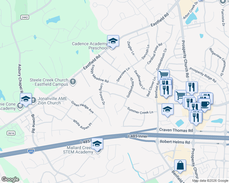 map of restaurants, bars, coffee shops, grocery stores, and more near 9317 Foggy Meadow Road in Charlotte