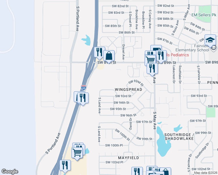 map of restaurants, bars, coffee shops, grocery stores, and more near 3233 Southwest 92nd Street in Oklahoma City