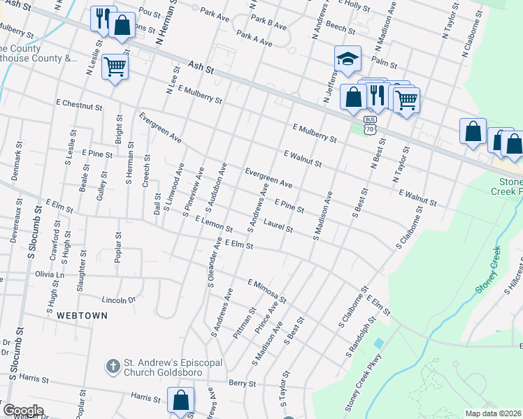 map of restaurants, bars, coffee shops, grocery stores, and more near 306 South Andrews Avenue in Goldsboro