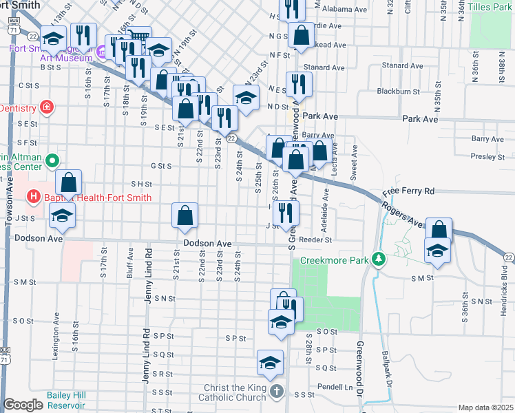map of restaurants, bars, coffee shops, grocery stores, and more near 999 S 25th St in Fort Smith