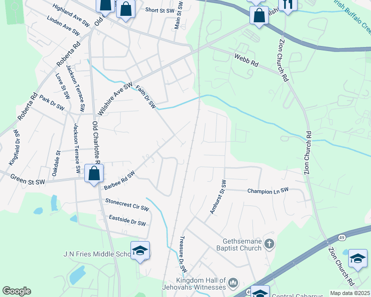 map of restaurants, bars, coffee shops, grocery stores, and more near 668 Faith Drive Southwest in Concord