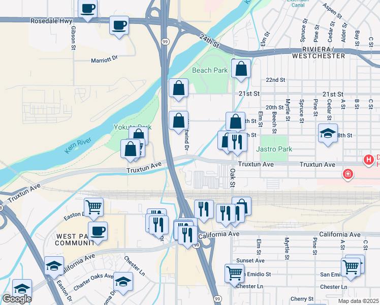map of restaurants, bars, coffee shops, grocery stores, and more near 3500 Truxtun Avenue in Bakersfield