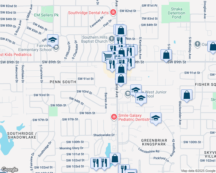 map of restaurants, bars, coffee shops, grocery stores, and more near 9300 South Barnes Avenue in Oklahoma City