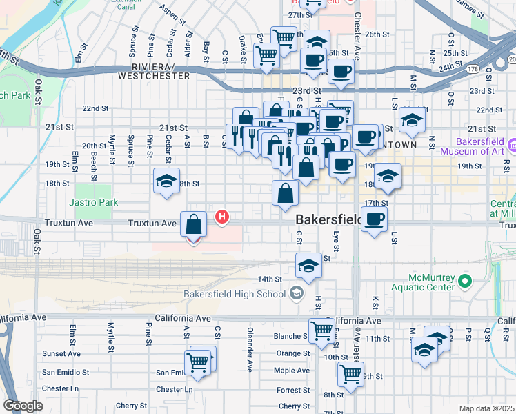 map of restaurants, bars, coffee shops, grocery stores, and more near 2020 17th Street in Bakersfield