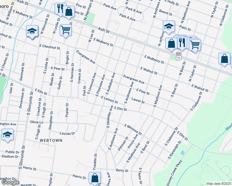 map of restaurants, bars, coffee shops, grocery stores, and more near 1399 Laurel Street in Goldsboro