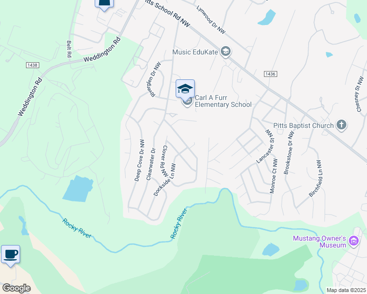 map of restaurants, bars, coffee shops, grocery stores, and more near 2948 Clover Road Northwest in Concord