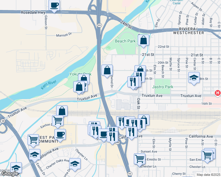 map of restaurants, bars, coffee shops, grocery stores, and more near 3500 Truxtun Avenue in Bakersfield