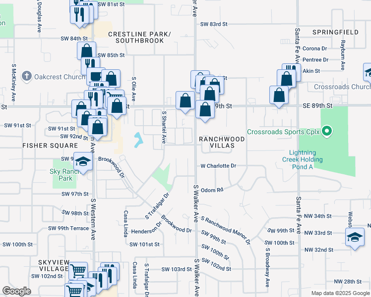 map of restaurants, bars, coffee shops, grocery stores, and more near 520 Southwest 93rd Street in Oklahoma City