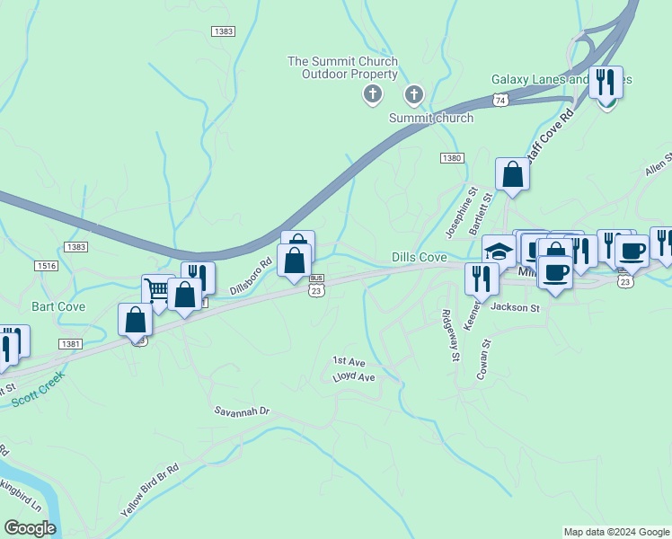 map of restaurants, bars, coffee shops, grocery stores, and more near 1188 West Main Street in Sylva
