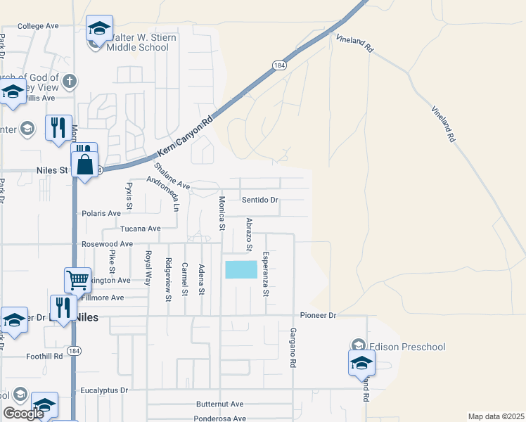 map of restaurants, bars, coffee shops, grocery stores, and more near 9121 Sentido Drive in Bakersfield