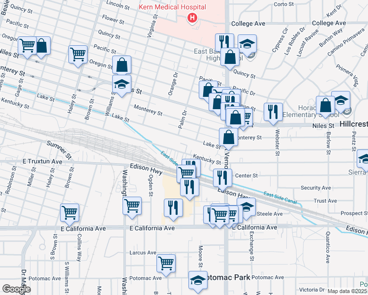 map of restaurants, bars, coffee shops, grocery stores, and more near 2005 Lake Street in Bakersfield