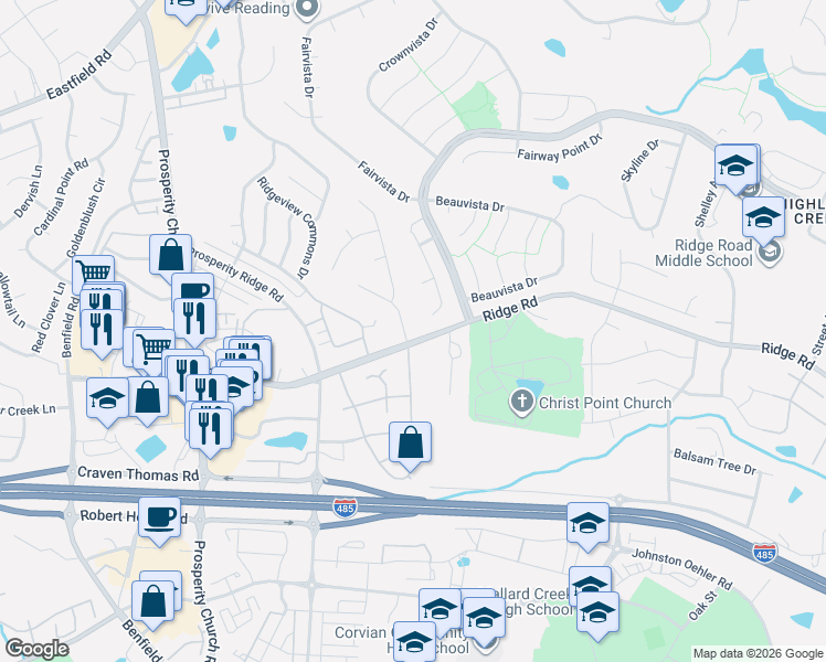 map of restaurants, bars, coffee shops, grocery stores, and more near 6016 Waverly Lynn Lane in Charlotte