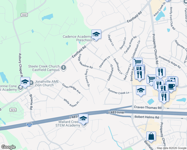 map of restaurants, bars, coffee shops, grocery stores, and more near 9317 Foggy Meadow Road in Charlotte