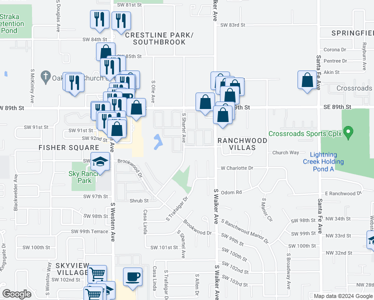 map of restaurants, bars, coffee shops, grocery stores, and more near 563 Southwest 93rd Street in Oklahoma City