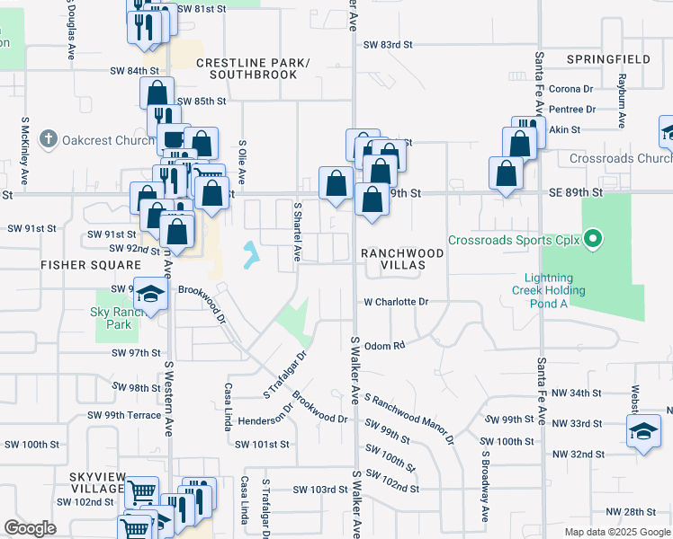 map of restaurants, bars, coffee shops, grocery stores, and more near 516 Southwest 93rd Street in Oklahoma City