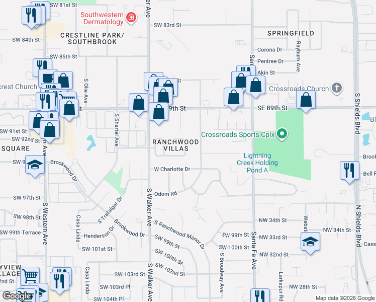 map of restaurants, bars, coffee shops, grocery stores, and more near 9308 South Harvey Ave. in Oklahoma City