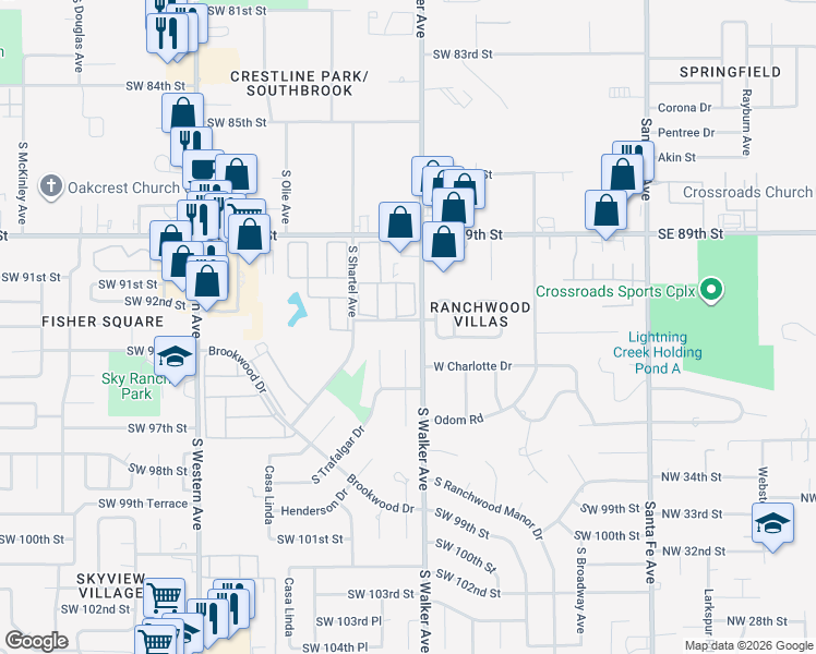 map of restaurants, bars, coffee shops, grocery stores, and more near 508 Southwest 93rd Street in Oklahoma City