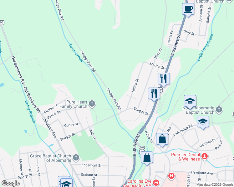map of restaurants, bars, coffee shops, grocery stores, and more near 1425 Hilltop Street in Albemarle