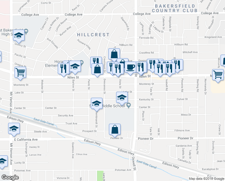 map of restaurants, bars, coffee shops, grocery stores, and more near 2910 Lake Street in Bakersfield