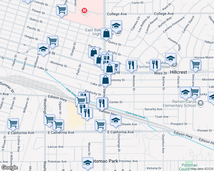 map of restaurants, bars, coffee shops, grocery stores, and more near 2217 Monterey Street in Bakersfield