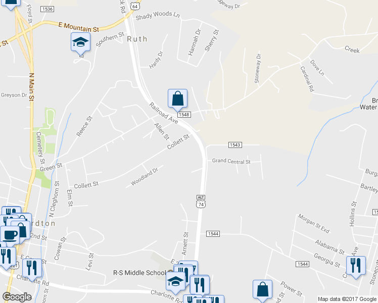 map of restaurants, bars, coffee shops, grocery stores, and more near 521 Railroad Avenue in Rutherfordton