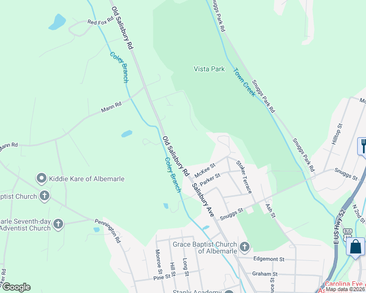 map of restaurants, bars, coffee shops, grocery stores, and more near 32884 Old Salisbury Road in Albemarle