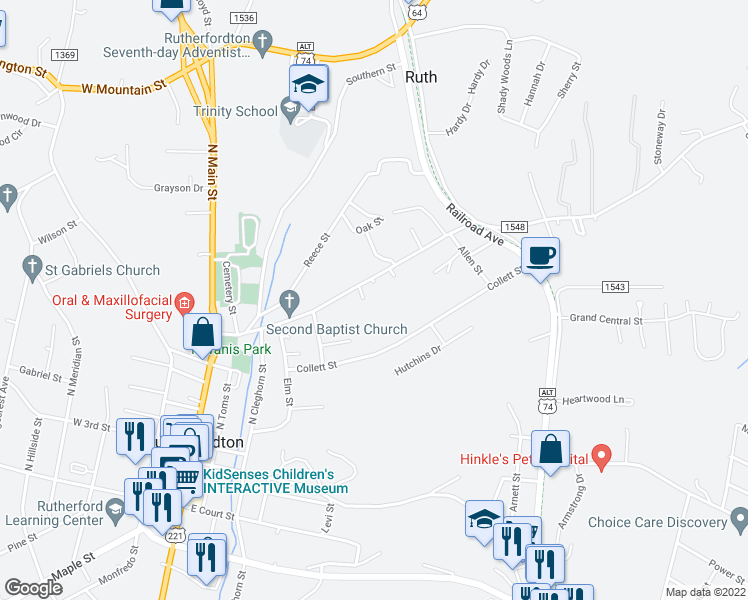 map of restaurants, bars, coffee shops, grocery stores, and more near 302 Green Street in Rutherfordton