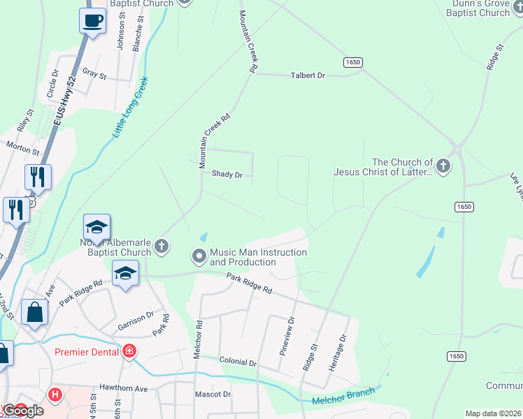 map of restaurants, bars, coffee shops, grocery stores, and more near 743 Mockingbird Road in Albemarle