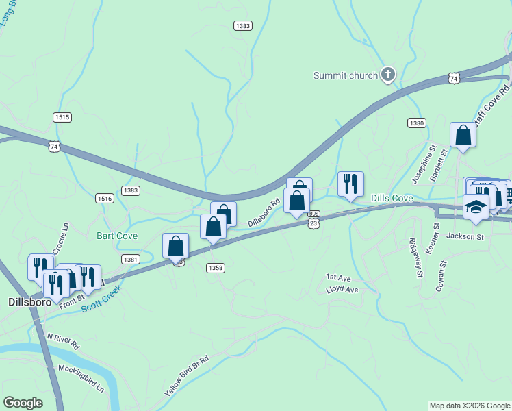 map of restaurants, bars, coffee shops, grocery stores, and more near 824 Dillsboro Road in Sylva
