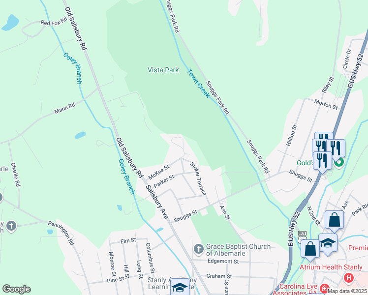 map of restaurants, bars, coffee shops, grocery stores, and more near 1612 Stoker Terrace in Albemarle