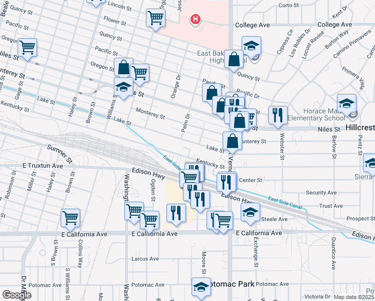 map of restaurants, bars, coffee shops, grocery stores, and more near 2006 Kentucky Street in Bakersfield