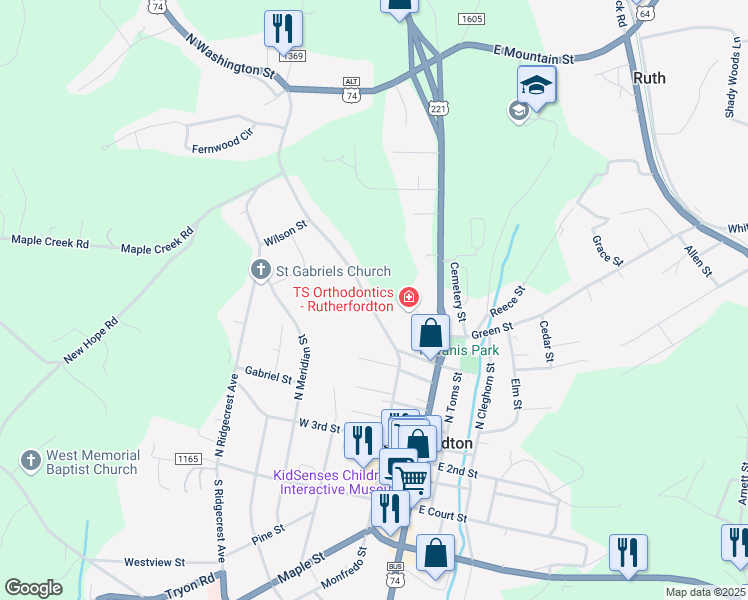 map of restaurants, bars, coffee shops, grocery stores, and more near 364 North Washington Street in Rutherfordton