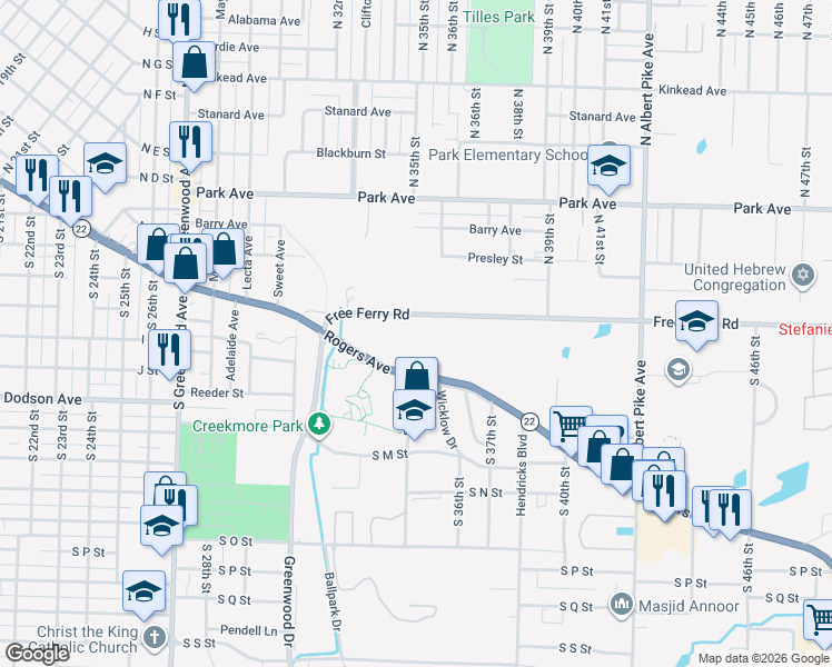 map of restaurants, bars, coffee shops, grocery stores, and more near 3400 Free Ferry Road in Fort Smith