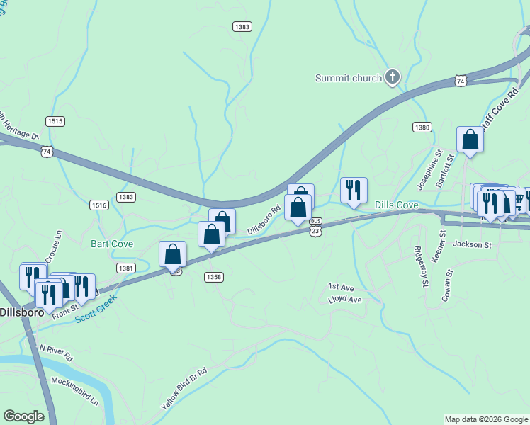 map of restaurants, bars, coffee shops, grocery stores, and more near 824 Dillsboro Road in Sylva
