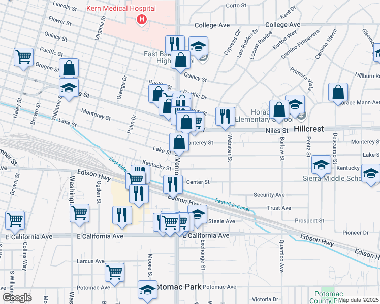 map of restaurants, bars, coffee shops, grocery stores, and more near 2217 Monterey Street in Bakersfield